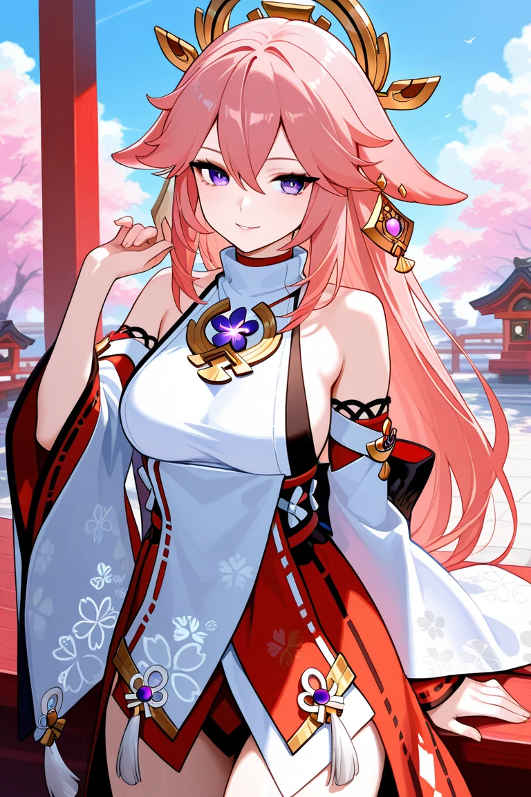 masterpiece, best quality, 1girl,  Fairy Circle in a Whimsical Meadow, Puzzled, Reggaeton, BREAK, 
yae_miko, pinke hair, long hair, fox ears, hair ornament, earrings, purple eyes, bare shoulders, detached sleeves, wide sleeves,  jewelry, sideboob, japanese clothes,  <lora:å«é:0.8>