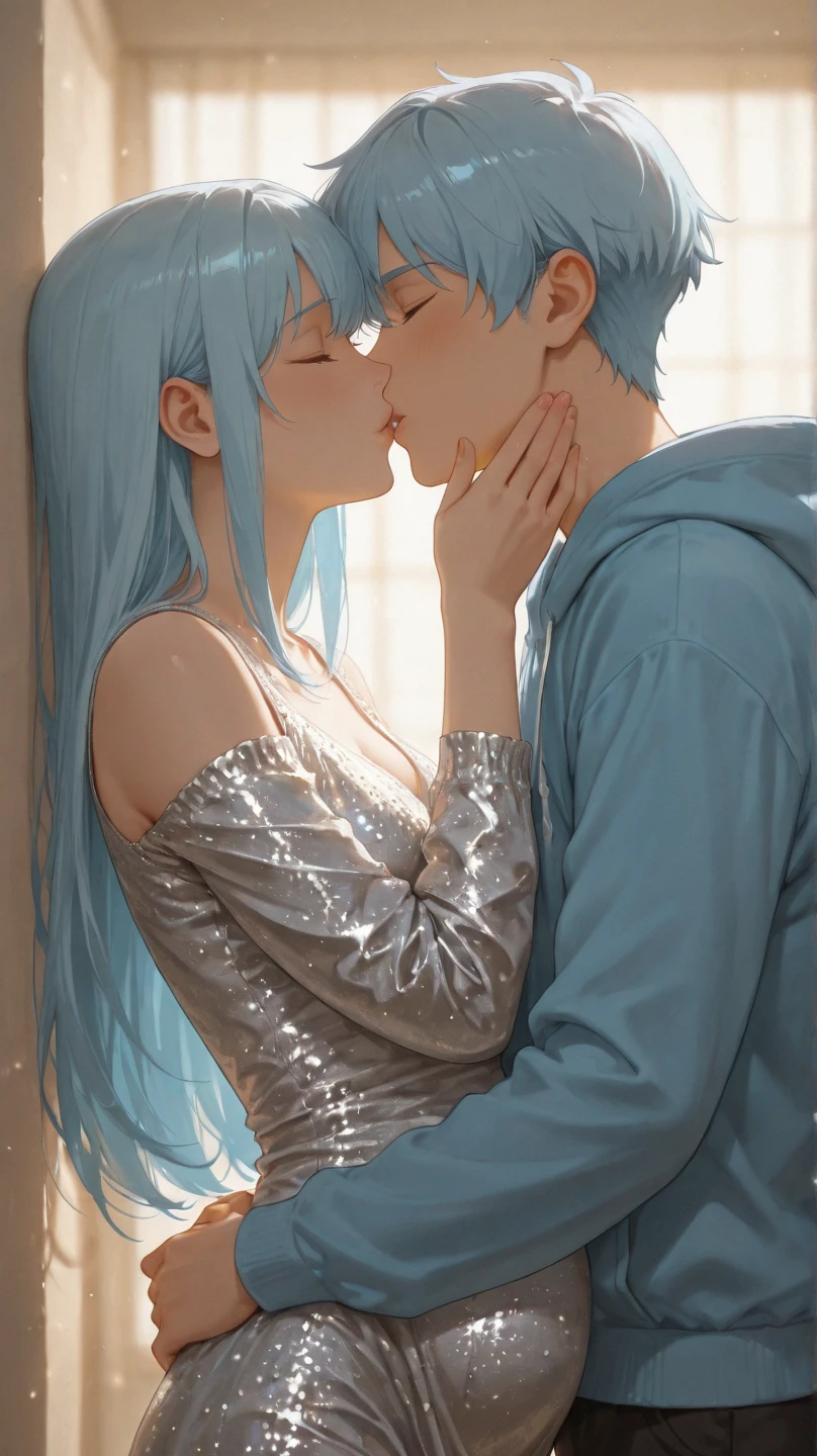 A girl with light blue eyes and white hair kissing a boy with brown hair and red eyes