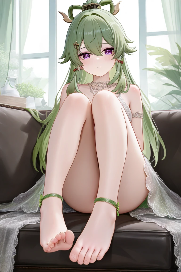 (depcit young girl) green lace panties and elegant green lingerie, ((green panty transparent)), red hair, bleu eyes, thin , small breasts, (topless), nice hips, open shoulders, sassy, back arched, spreading legs, couch living room,