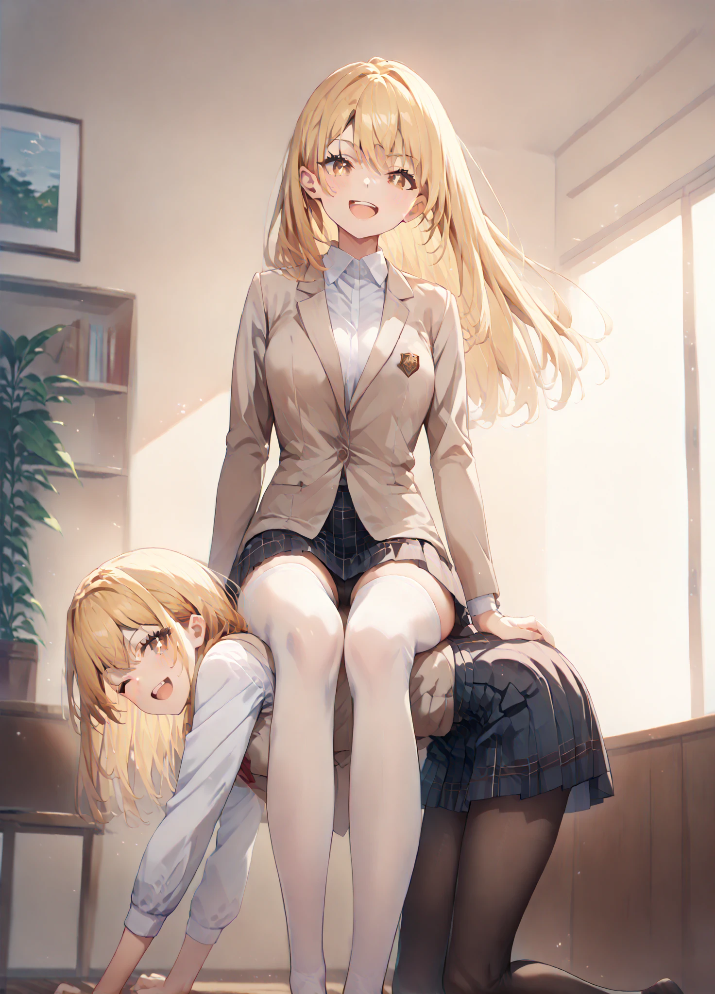 nsfw,(((completely Nude:0.8))、((Nude:1.0))、((No clothes)),((Perfect Anatomy)),((Anatomically correct)),(((Slim and beautiful legs)))、((barefoot)),(((Beautiful toes with attention to detail:1.2)))、(((Five fingers))),Manicure、sweat,oily skin:1.6,slender body,presenting、naughty face,in heat,vagina、Detailed depiction of the crotch、pussy juice,(((blonde pubic hair:1.1))), break High resolution、High resolution、high quality、masterpiece、1 female、Ellen Baker、School classmates、18-year-old、blonde、blue eyes、School classroom、sitting on desk、((open legs:1.8)),Squatting pose、attractive way to sit、Cute pose、blackboard、smile、((Head to toe))、((Close-up of a woman))、((I was made to sit with my legs apart...))
