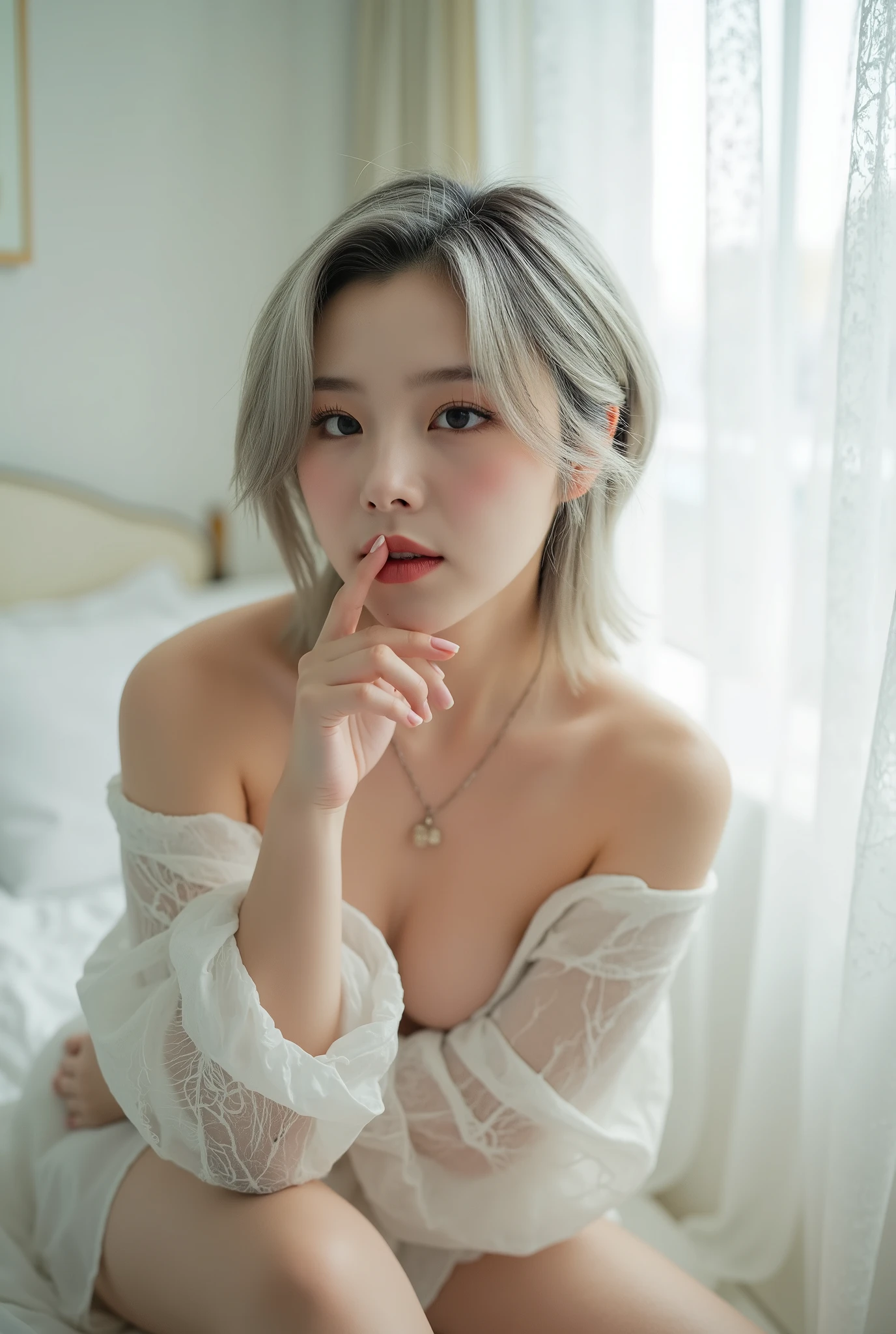Top image quality、Raw photography、超A high resolution、21-year-old Korean、small tits、Dynamic angles、Cowboy Shots、The most beautiful forms chaos、elegent、Brutalist design、Brightly colored beautiful white hair、a short bob、smil、shiny white skin、Beautiful eyes with random colors、Very beautiful eyes down to the details、elongated eyes、thin lipss、pale pink blush、long eyeslashes、beautiful double eyelid、eyeshadows、Christmas、santa 、shot from a side angle、Point your finger up、sexy pose
