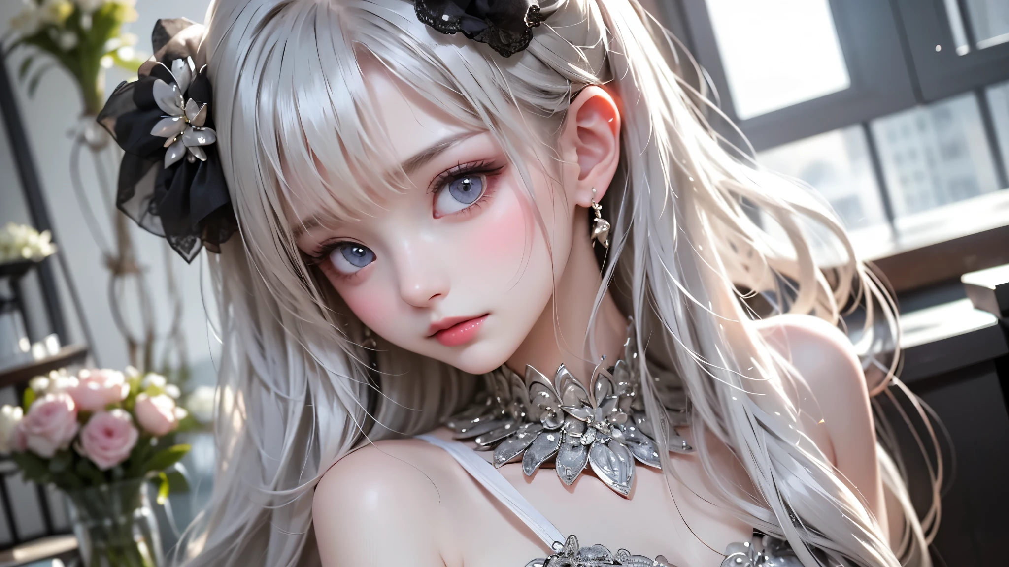 Black and White Color Schemes , Sexy Girl Working At A Flower Shop ,beautiful , small,Silvery Curly Hair、portrait、Upper body above lower back、valley