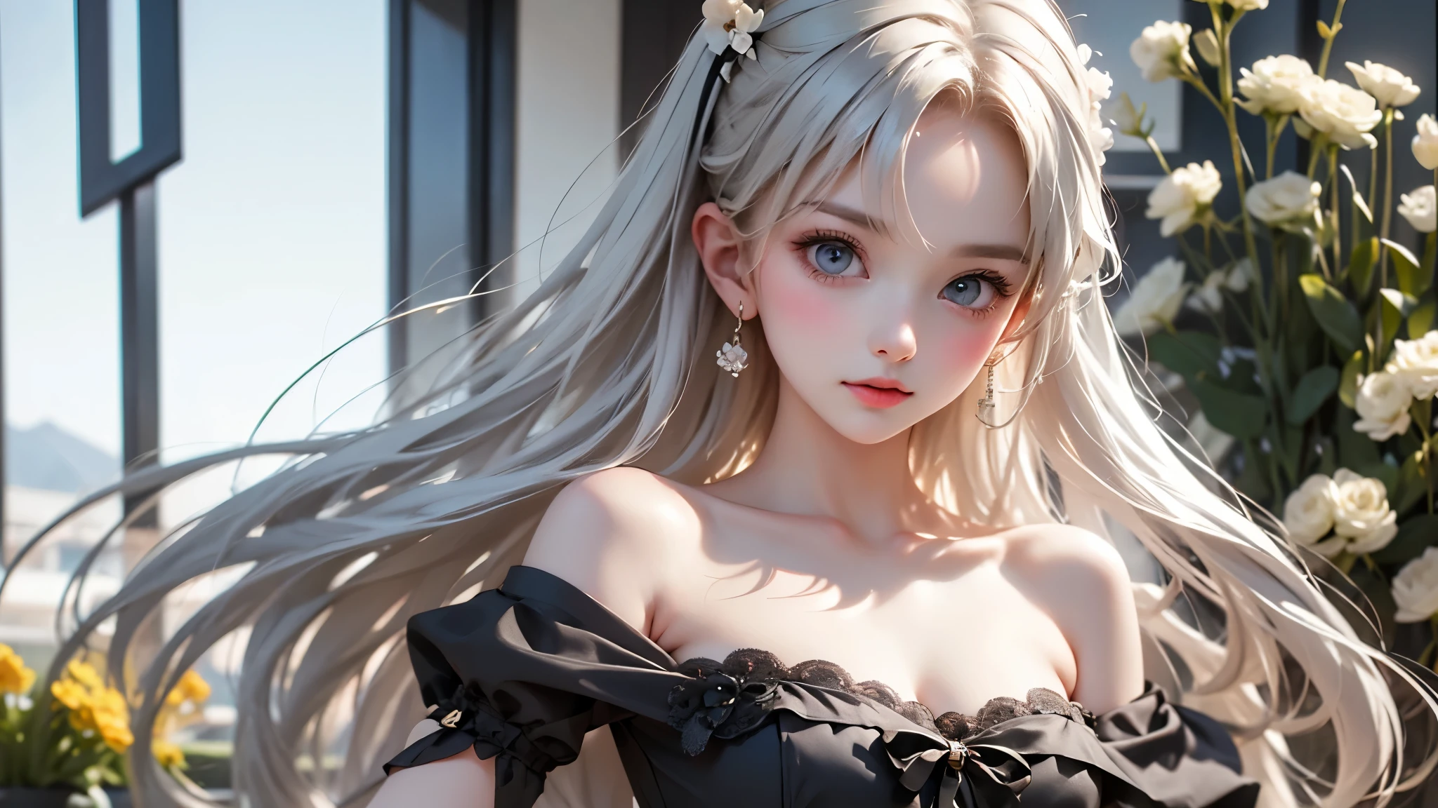 Black and White Color Schemes , Sexy Girl Working At A Flower Shop ,beautiful , small,Silvery Curly Hair、portrait、Upper body above lower back、valley