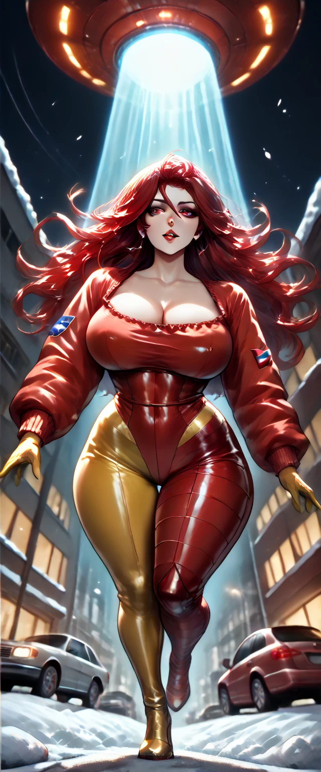 (masterpiece, top quality, best quality, official art, beautiful and aesthetic:1.2), (1girl:1.3), brown hair, braid, extremely detailed, portrait, looking at viewer, solo, (full body:0.6), detailed background, close up, mischievous eyes, (warm city superhero theme:1.1), (((reaching out, incredibly long arm, rubber arm, stretched arm))), pleasant smile, brunette, aquiline nose, green eyes, braid, ((gigantic breasts)), (thin), athletic, superhero. Wearing a sleek, satin (high-neck) (sleek white and red striped bodysuit), ((red sleeve stripes, red leg stripes)), (white sides, red center), modest, fully-covered, long red gloves, long red boots, slim waist, slim hips, long legs, modern (city street exterior:1.1) detailed background, bright optimistic lighting, shadows, magical atmosphere, dutch angle