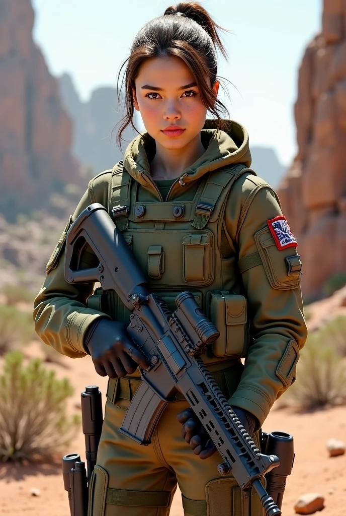 battlefield background, wasteland,, fragments, satin bomber jacket, woman holding rifle,fighting stance,almost perfect, pure form, intricate details, 8K post-production, high resolution, super detailed, Popular topics on Artstation, sharp focus, Studio photos, intricate details, Very detailed, author:Greg Rutkowsky