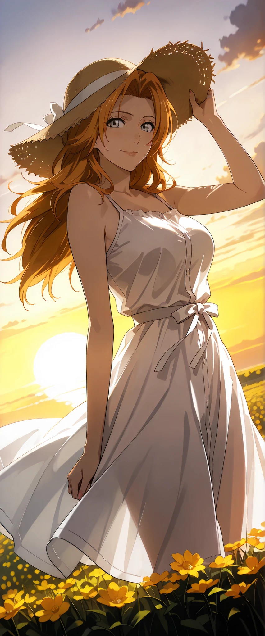 1 woman, rangiku matsumoto, dutch angle, orange hair, gray eyes, summer hat, summer dress, cheerful smile, windy, flower field, sunset, chiaroscuro, masterpiece, high quality, highly detailed