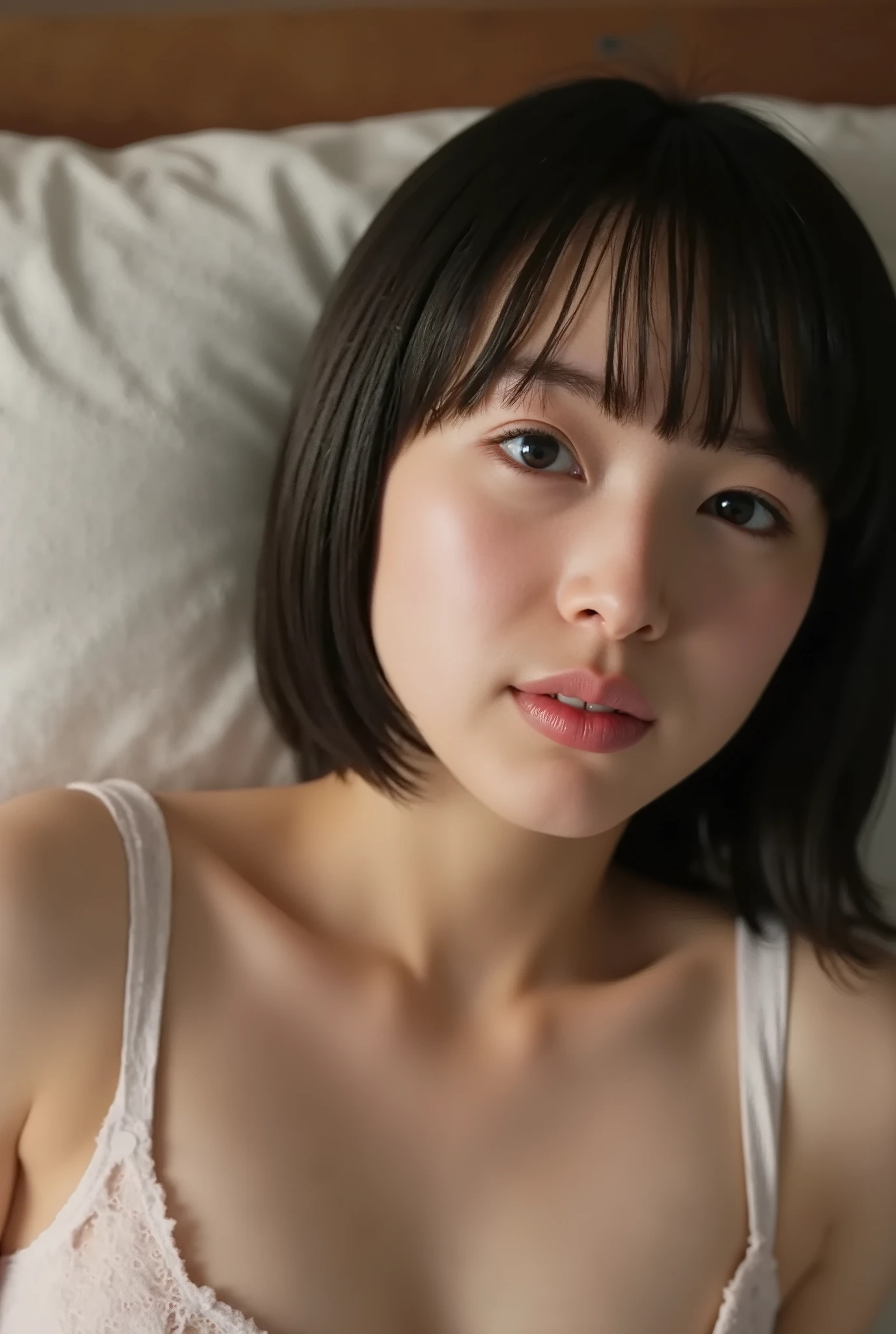 (( Best Quality )), ((masterpiece)), ( details), Japanese, first person view ,one girl on her back, Voluptuous women, sexy,( in the bedroom),((( abnormally large breasts , sexyな下着, short bob hair))), black hair with a young pattern , (( without makeup, small eyes))