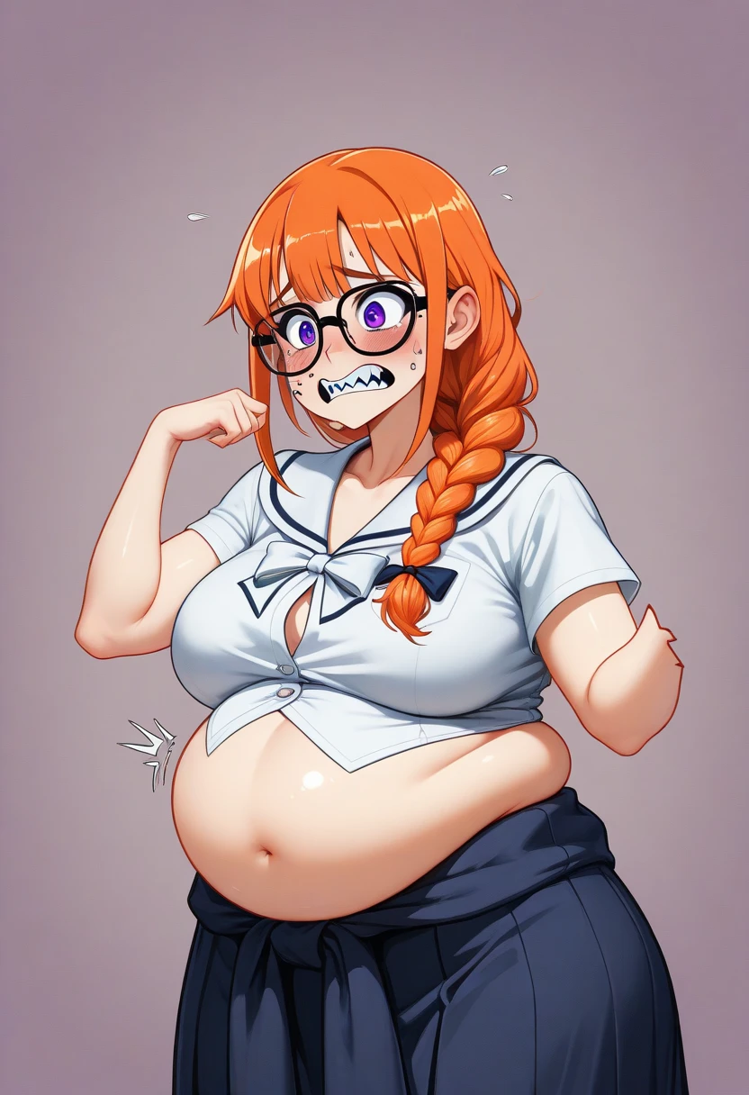 Fat, chubby, large belly, pregnant, obese, very fat, Galko, big belly, very fat, large stomach, chubby (best quality, masterpiece), thanksgiving, wearing sweater, weighting herself, using a scale, seeing how much she weights on a scale