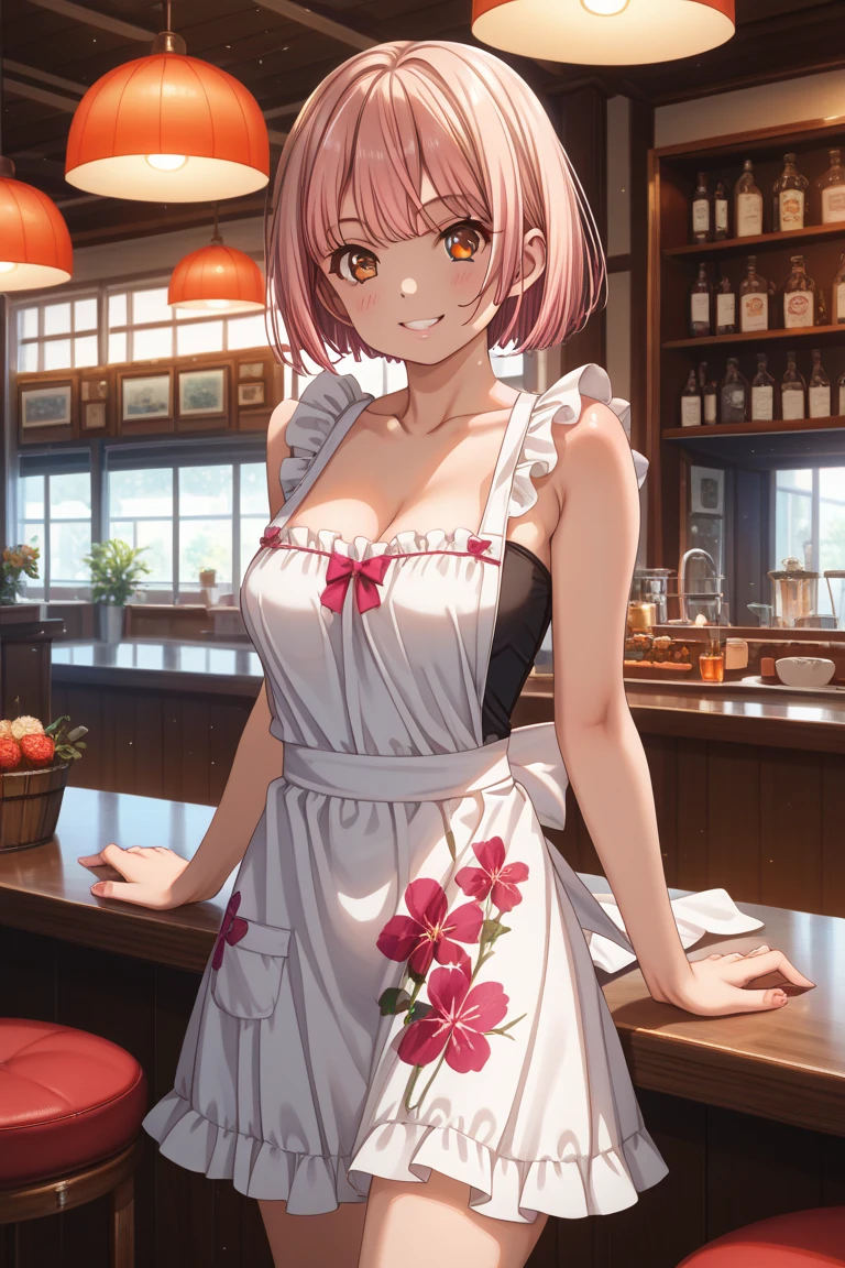 1girl, solo, nakano ichika, pink short hair, (naked:1.3), (white apron), large breasts, cleavage, thighs, cafe background, (blushing:1.2), smiling