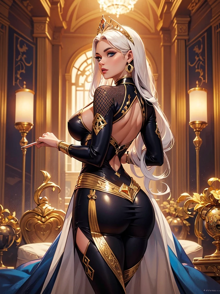 [best quality,4k,8k,(masterpiece:1.2),ultra-detailed,realistic,photo-realistic:1.3, attention to detail,4K], [ultra detailed body ,sexy,mature Ciri, crown, golden jewellery,long braid, elegant dress, castle throne-room, fit body with thick tights, seductive, highly detailed body, {hourglass figure}, sitting{legs crossed exposing tights}], view from bellow