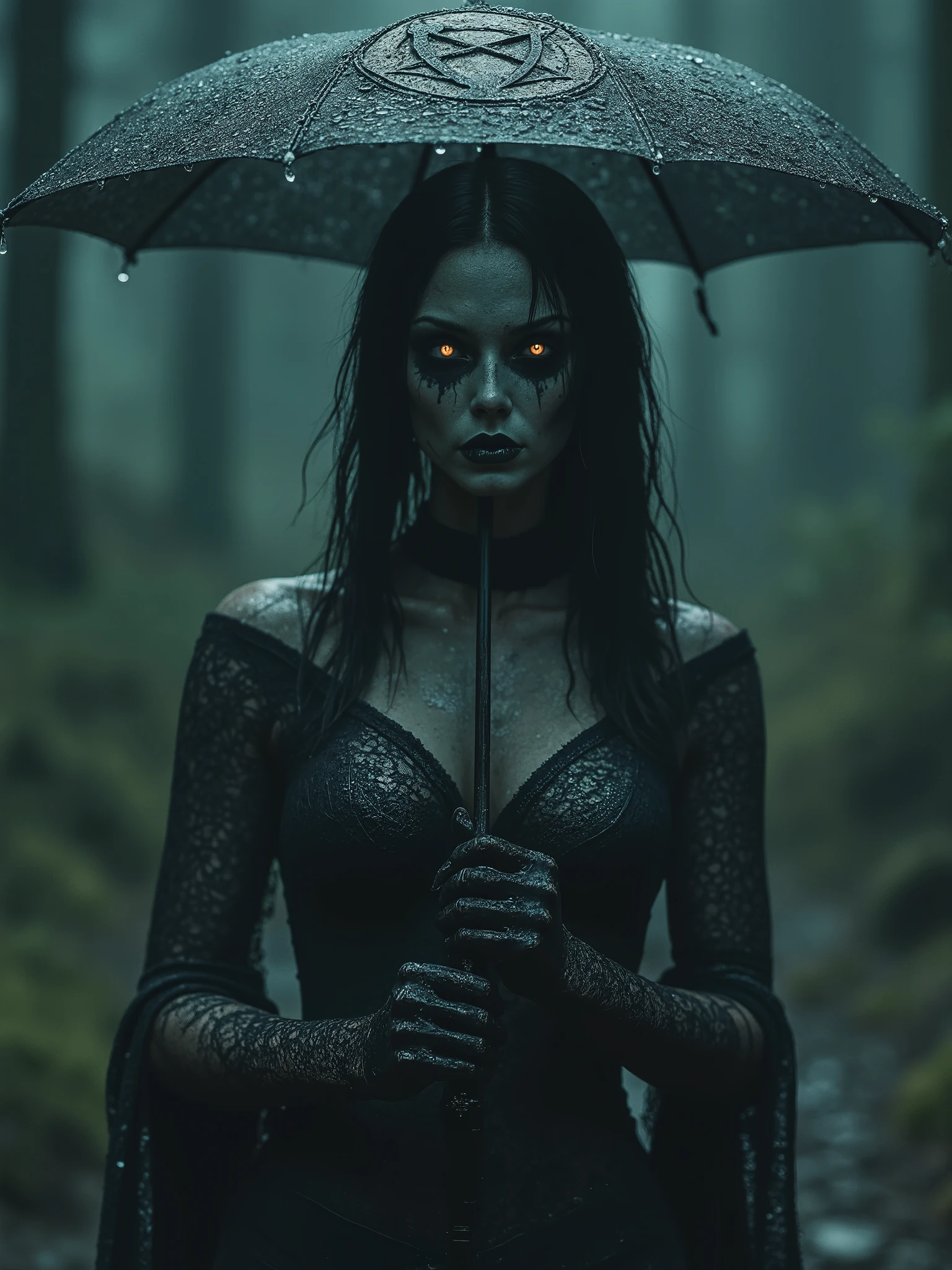 Beautiful half nude dark haired cosmic entity woman in stockings and chainmail shirt, standing in the rain,rain dissolving her face, half rotten face and skull exposed face, holding a umbrella made of bones and feathers,sensual art, satanic occult black metal dark horror photography,dark realistic photography, melancholic ambience, pentagram, occult, Satanism,dark rain with huge drops of rain,full body picture