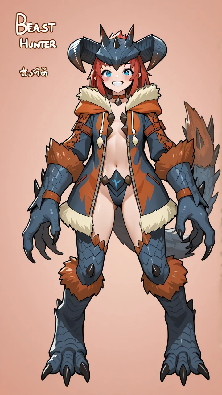 Red-haired girl, fiery, green eyes, pigtails, a wreath of fiery horns on her head, a barbarian, a huge techno cannon in her hands, a huntress, bones on her body, plates of insects, chitin, fur, small bones, light bones and red fur on her shoulders, dark leather stockings made of strips of cut skin on her legs, ropes and light bones on her body, thin panties, a small bra made of bones, bright red hair, jewelry made of horns, fur gun. Instead of panties, rope, bones and chitin, fur shoulder pads and with chitin, a tail of hair on the back of the head, a short haircut, a bionic cannon in the form of the mouth of a wolf, shark, dragon look up. The girl has green eyes, a playful look, a good-natured smile, a neat nose, tight panties, tight thongs, mini-underwear, leaky underwear, torn fabrics, a lot of torn fabrics, a lot of holes in fabrics, a cannon with a monster's head, a cannon barrel in the form of a monster, a flame bursts out of her mouth, a portal in a cannon. The girl has short hair, a ponytail at the back is short and looks up, fur shoulder pads, a jacket on her shoulders, a torn bra, her pubis is open, diagonal straps all over her body, powerful energy escapes from the open toothy mouth of a cannon, a bird's skull on the girl's belly, tattoos, vertebrae along the edges of stockings, cyberpunk, ethnic style of clothing, vintage clothes, worn, prehistoric style, prehistoric jacket, elbow pads made of insects, chitinous cannon, bionic cannon, torn jacket sleeves, chitinous plates on the jacket, flame flashes, cyberpunk, all cyberpunk style, a lot of technology, technologies of the future, futurism, science fiction, fantasy, wildness, sexuality, emphasized eroticism, cold lighting, flames from everywhere, a lot of fire, bones on the shoulders, small details on the shoulders, a skull on the belt, the girl has curly hair, tattoos on her face, maximum nudity, diagonals, caveman, prehistoric image, forest dweller, inhabitant of the fiery desert