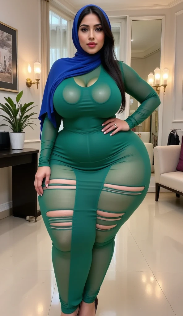 38Years Old, Hijab Beautiful european Mature woman, female Manager, Wearing greenTransparent wet Tight Gamis, Droopiest Gigantic Saggy Mature : 26.9, curvy body, proporsional mature body, full body, seductive pose, Very Dark Light, NightTime, musk