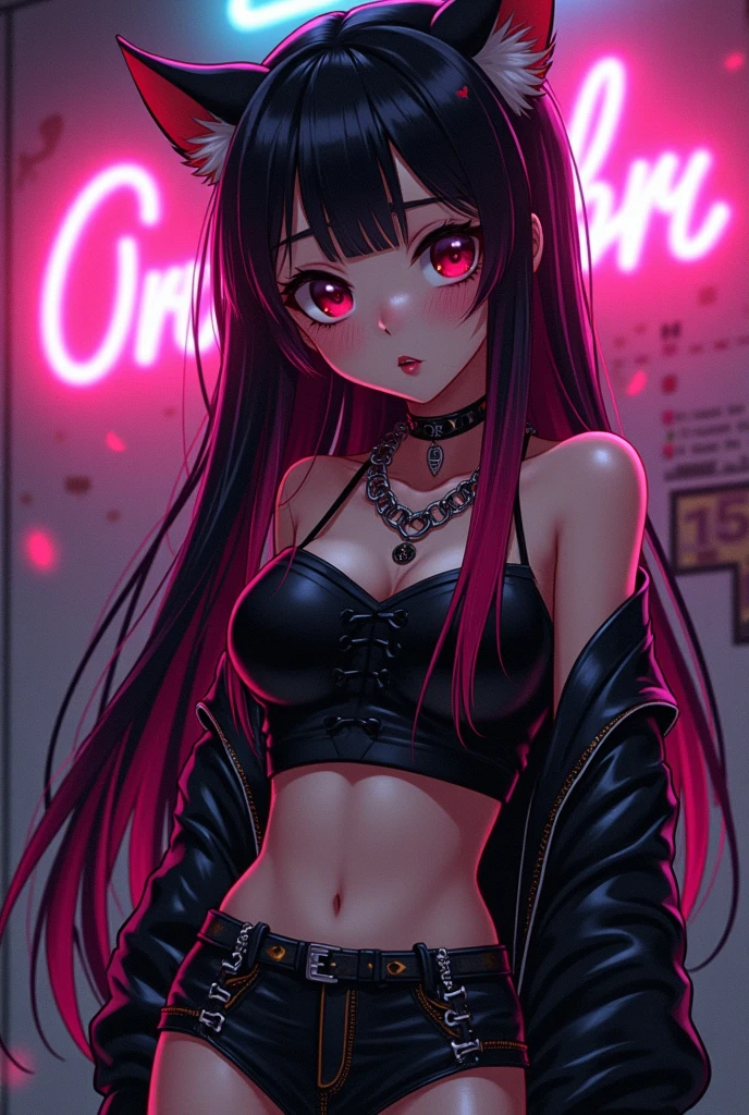 E-girl with long, straight black hair that is dyed a bright color at the ends, such as pink or purple. Her skin is fair and smooth, with light makeup that includes accentuated black eyeliner and bright eye shadow, perhaps pink or purple. She has large, expressive eyes with long eyelashes that add drama and style to her look. The lips are highlighted with bright lipstick, for example, deep pink or wine.
The girl is wearing a black choker around her neck and several earrings in her ears, adding a characteristic impudence to the image. She is wearing a long sleeved crop top, perhaps with some interesting print, and high shorts or a skirt.