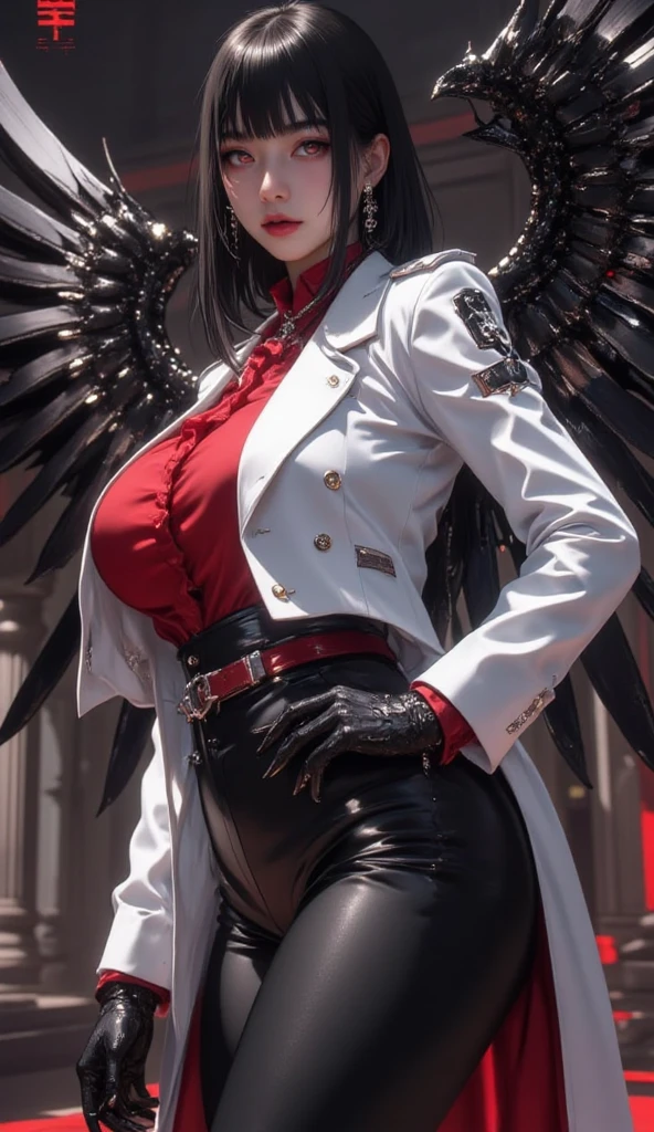 beauty、He is wearing a white striped dress shirt and a black vest..、Wearing a flashy black feather coat、Big Breasts、Wear tight black pants、He has two red belt holders on his waist..、Wearing flashy sleeves and gloves、Wearing a black tie、White Background