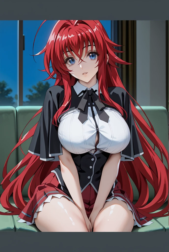 Rias_Gremory, black ribbon, white collared shirt, red pleated skirt, black capelet
(pikkyriasgremory, high school dxd, blue eyes, breasts, large breasts, long hair, very long hair, red hair, ahoge, huge ahoge, 18 years old, thurime) (standing, smilling, front point of view) (outfit: , skirt) ,KuohAcademyUniform, living room, curatins, window, dappled sunlight, sunset, sunset, sunset