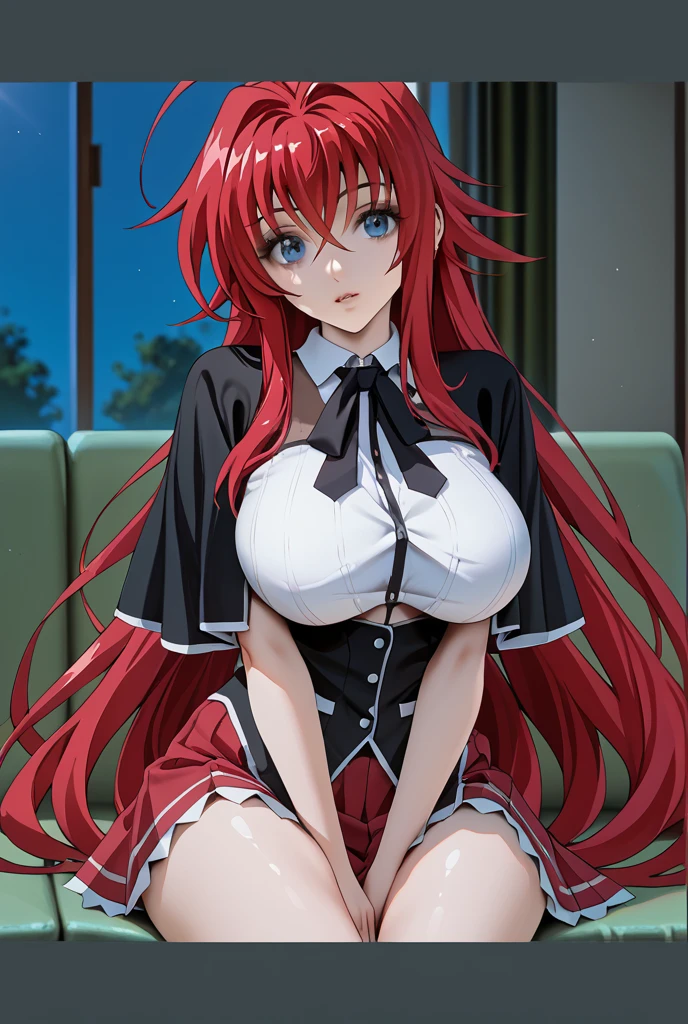 realistic, 1girl, rias gremory, red hair, white hair, Blue eyes, glowing eyes, White and pink wedding gown, Red skirt, Pink pantyhose ,parted lips, blush, night, flowers, sun, sunlight,