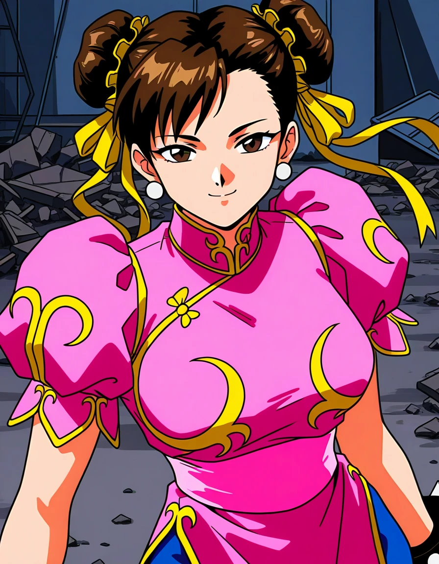 CHUN LI retro game , very beautiful body, deep neckline, short hair, pink suit, tight pants, Brown eyes, 4k