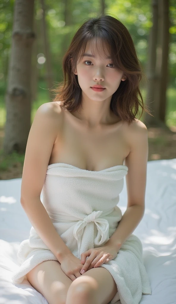 ((of the highest quality, 8K, masutepiece: 1.3, Raw photo)), Sharp Focus: 1.2, (1 AESPA Girl :1.1), Solo, (Realistic, Photorealistic: 1.37), (Face Focus: 1.1), Cute face, hyperdetailed face, (short messy hair: 1.2), Small Smile, (Small breasts, flat chest: 1.1), nude, sitting, (taking off her chiffon dress shirt: 1.2), thigh, lakeside by nature, Orchid, depth of field