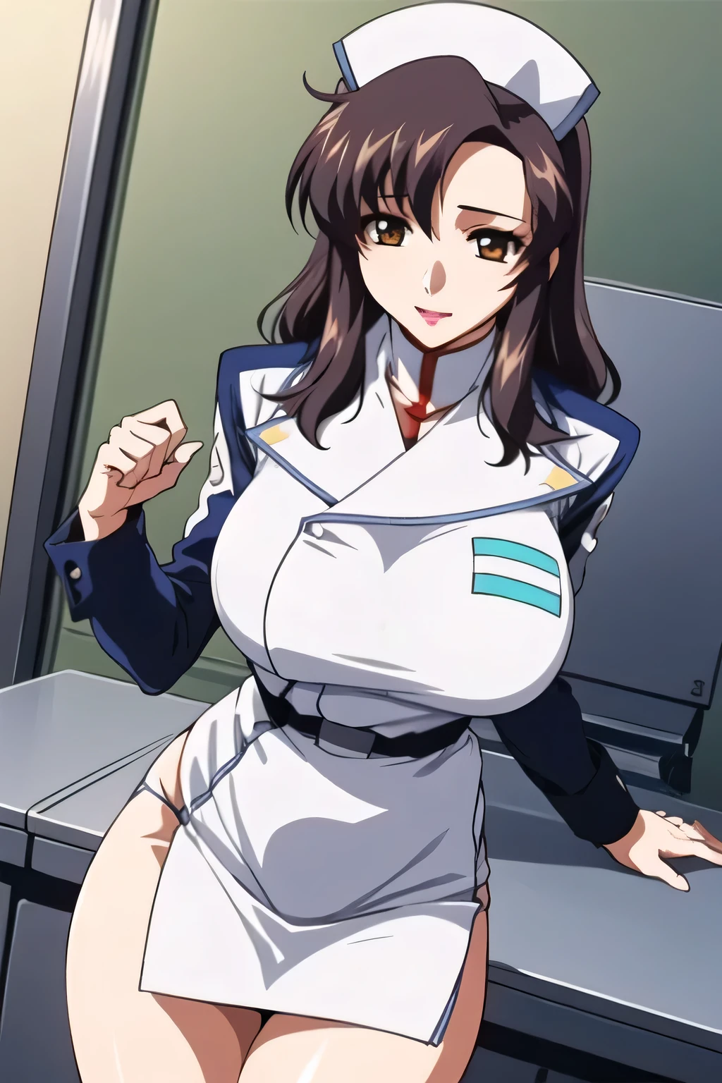 (((No hat needed))),(please draw a more delicate expression),(plain white nurse uniform),(white nurse skirt)(blue panties),I'll do this much myself、 Amazing,、I was surprised, I need it for work、don't fix my face,white nurse uniform,white stockings, Inside the hospital , big black wavy hair, , Big Breasts, thin waist , , ,a woman close to 40 with mature sex appeal, use exactly 5 fingers