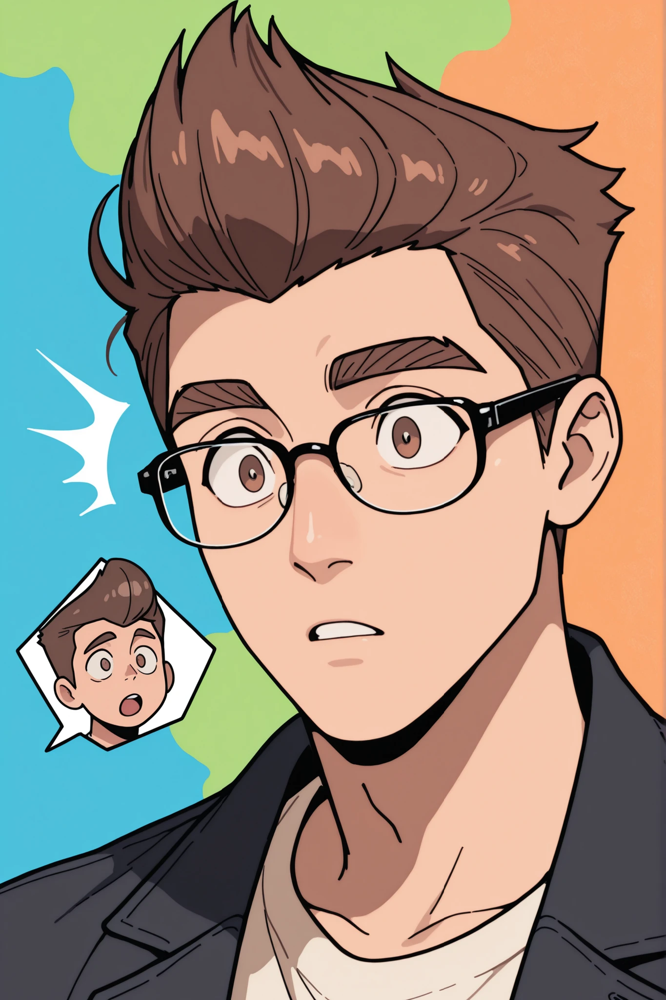 (best quality:1.1), (ultra-detailed), best illustration, (portrait:1.1), (cartoon drawing), oung man, (((boy))), alone, (medium quiff brown hair), (brown eyes with detailed prescription glasses with a black frame), (brown eyebrows), (wearing a shirt and a jacket), (surprised), (simple background:1.2), full colorful background, bright, 4K.