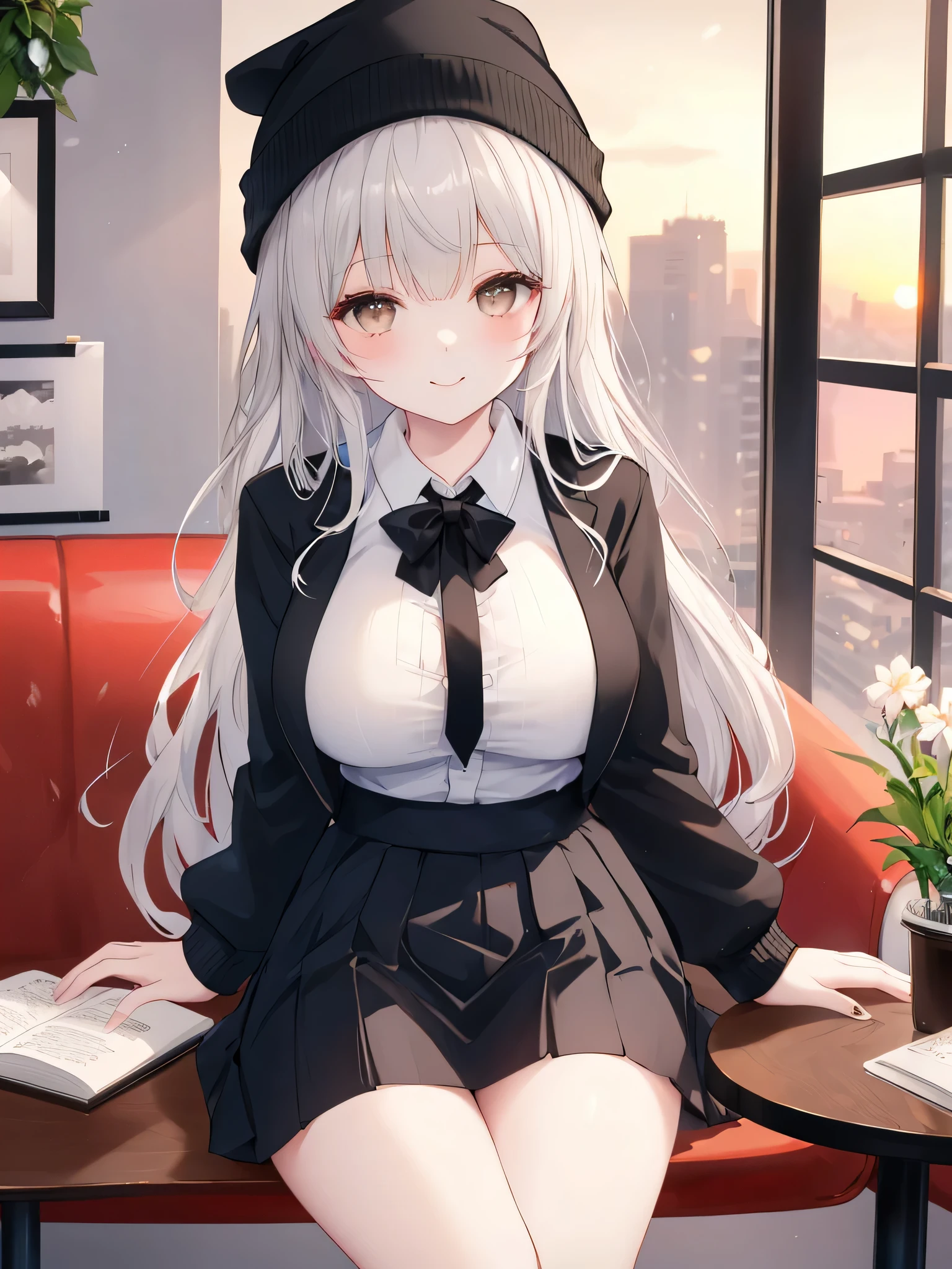 1girl, white pony hair, no glasses, white shirt, black short skirt, hold book, cute, pale skin, sexy, 