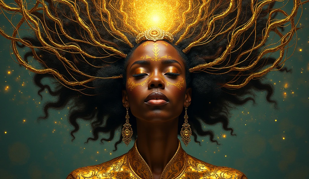 A black woman with super powers she is beautiful with dark brown hair and dark brown eyes she is the holder of the universe she has a Afro too