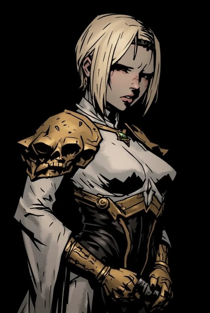 <lora:spooky:1.0>(outdoors,battle,field,dark,night,thunderstorm),blonde,red_lips,(metal,makeup,armor,knight),abs,wide sleeves,estelle (cieluscian),long sleeves,blue hair,1girl,purple eyes,breasts,hair scrunchie