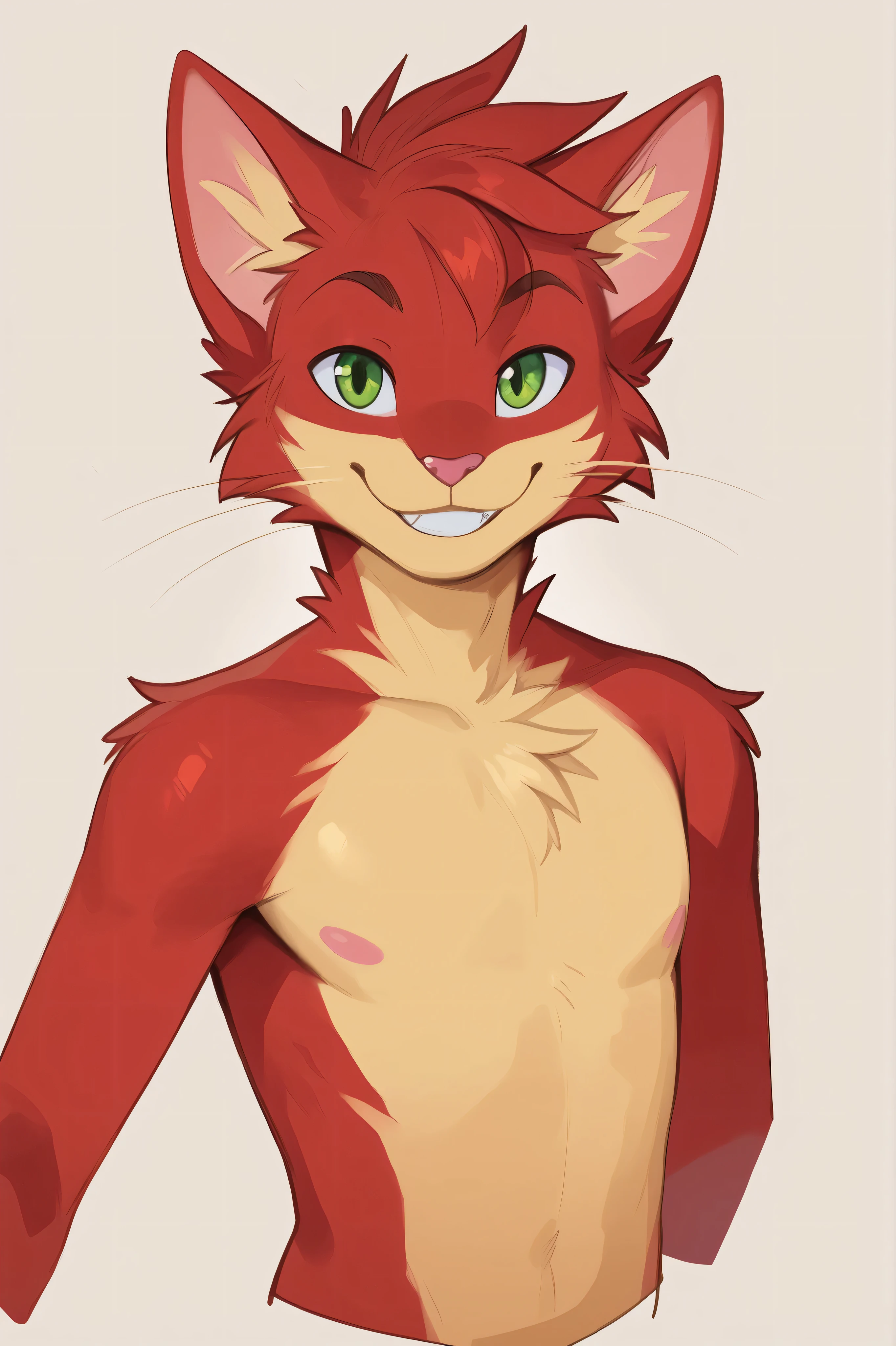 A red cat is white, green eyes, male, anthropomorphic, thin body, smiling expression, showing all body in front of body while holding a simple golden sword.
