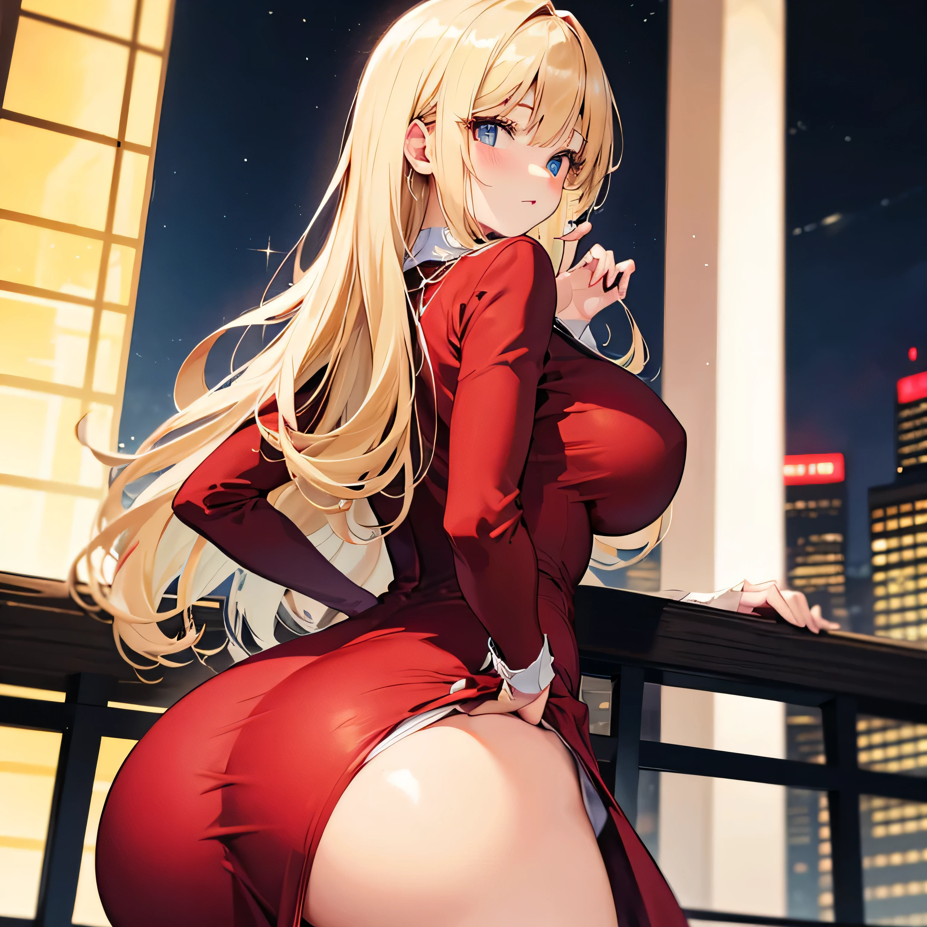 20 year old woman, busty, bubble butt, hourglass figure, skinny, blushing, frustrated expression, horny, seductive, dirty blonde hair, long hair, wavy hair, wearing wearing black sweater, shoulderless sweater, ribbed sweater, red pleated skirt, belt, tights, heeled boots, red ribbons, tight fitting clothing, middrift, cleavage, anime, city at night, outside, punk, punk style, punk hair, doujin style, manga, flat colours, ass focus, serena pokemon
