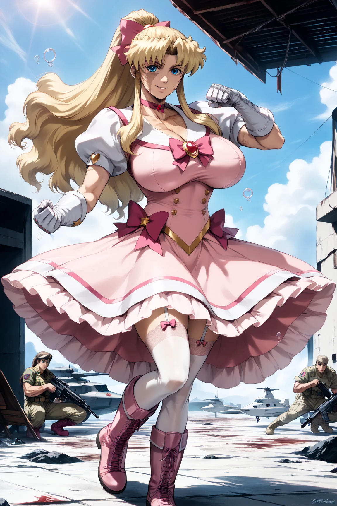 (((pink delmo uniform, pink latex pencil skirt, extremely glossy latex)))