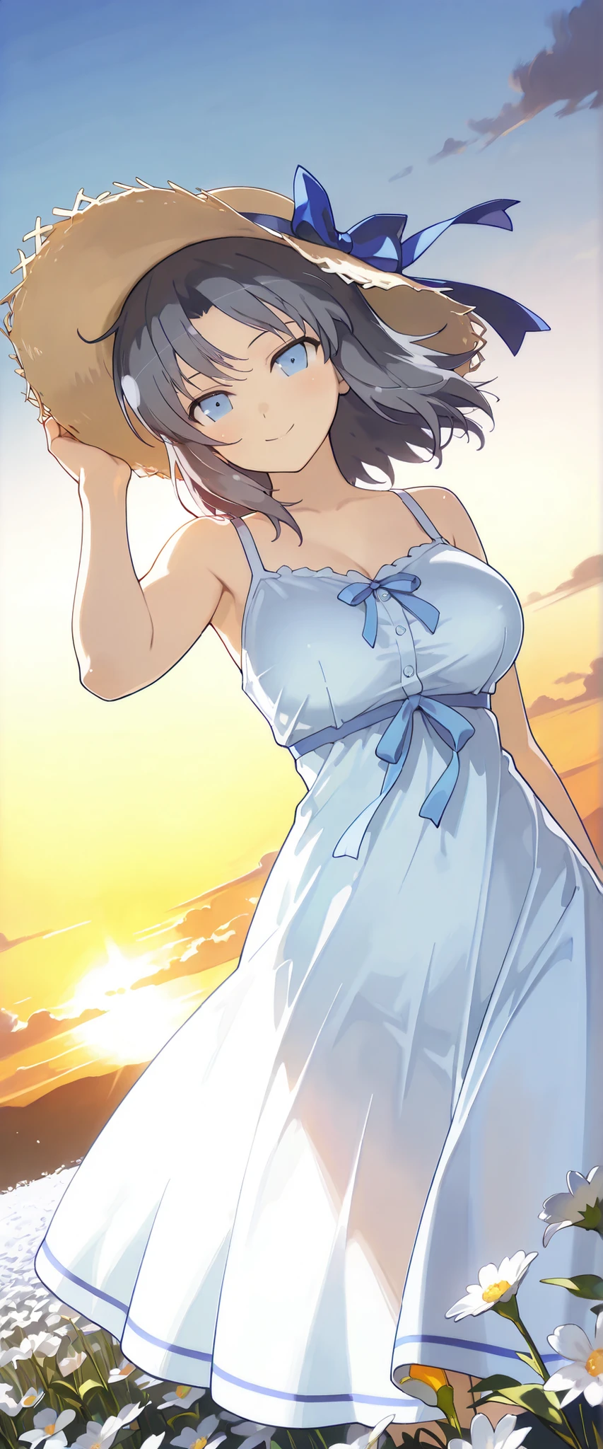 1 woman, yumi (senran kagura), dutch angle, gray hair, blue ribbon, light blue eyes, summer hat, blue summer dress, cheerful smile, windy, flower field, sunset, chiaroscuro, masterpiece, high quality, highly detailed