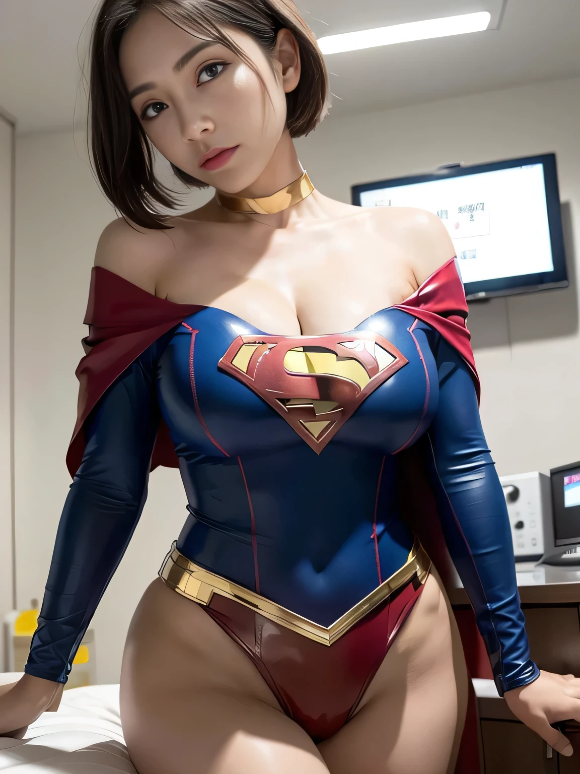 masterpiece、Enamel Supergirl Costume、short hair、Patent leather boots、Big and ample breasts、looking at the camera、choker、Long sleeve、Off the shoulder、mini skirt、Red cloak、Sweaty skin、Hospital room、Physical examination、