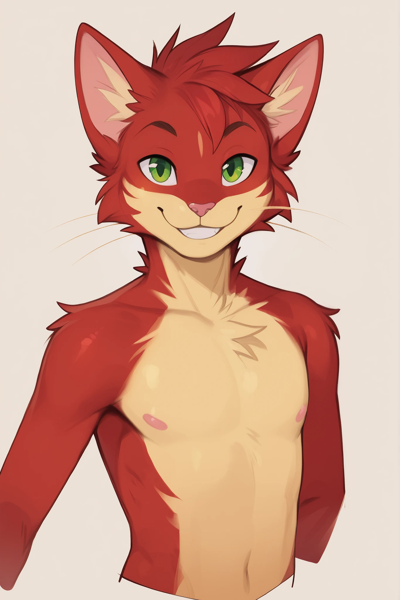 A red cat is white, green eyes, male, anthropomorphic, thin body, smiling expression, posing facing the photo, small golden lines on the sides of the eyes, short hair.