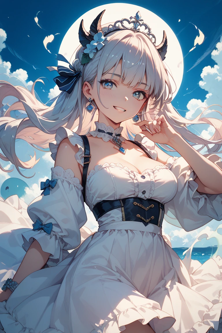 (seaside photo:1.1, in blue marine:1.5), Masterpiece, best quality, (very detailed CG unity 8k wallpaper), (best quality), High definition RAW color art, Animation,sculptures, (black Marble Skin), (((Ultra detailed elegant))), Magical atmosphere, Detailed skin, Texture,(Intricately detailed, Fine detail, ultra-detail art), depth of fields, bokeh, Silky Touch, Hyper Detail, beautiful eyes, Elegant Face, (standing, view from below), sparkle background, enormous breast:1.3, (silver hair), pure white, muscle, embarrassing red face, wide open udder, shorthair, t-shirt