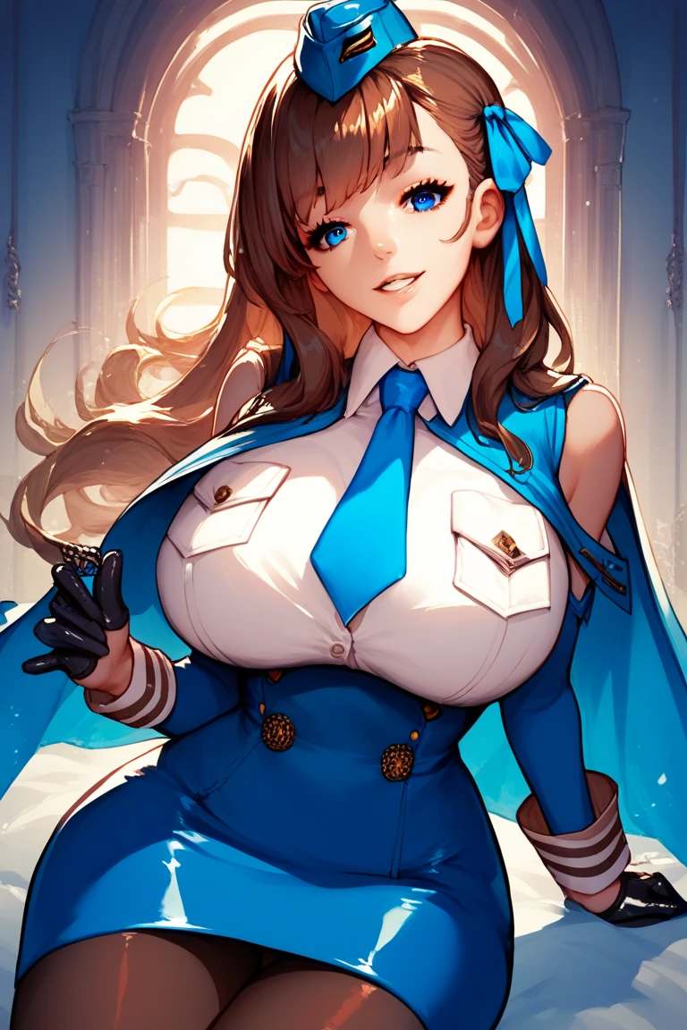Her long brown hair is tied in a bun under a navy blue military cap. Her outfit is a mixture between her primary outfit and Juli's Shadaloo uniform. She wears a skintight navy blue revealing thong leotard which shows her cleavage, a blue tie on the front, navy blue revealing tights with butterfly designs on each side to show her hips with black cross belts and a gun holster on her waist and dark pink knee-high boots. She maintains her green armbands from her primary outfit and wears navy blue gauntlets with pink linings. SPARKLE; GLITTER