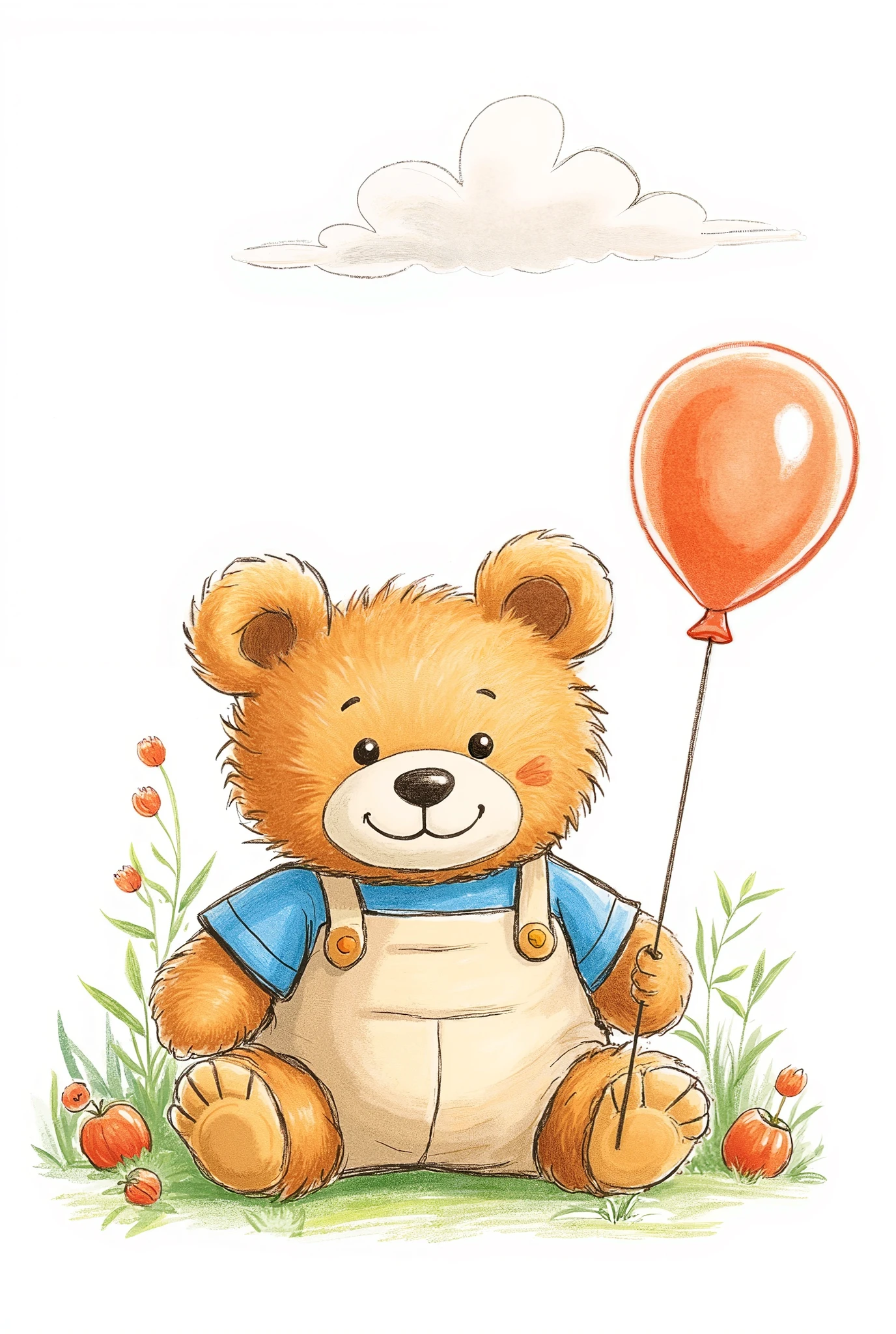 Cute brown teddy bear drawing, sitting in a white background , wearing a beige salopette and a blue shirt , keeping a baloon 