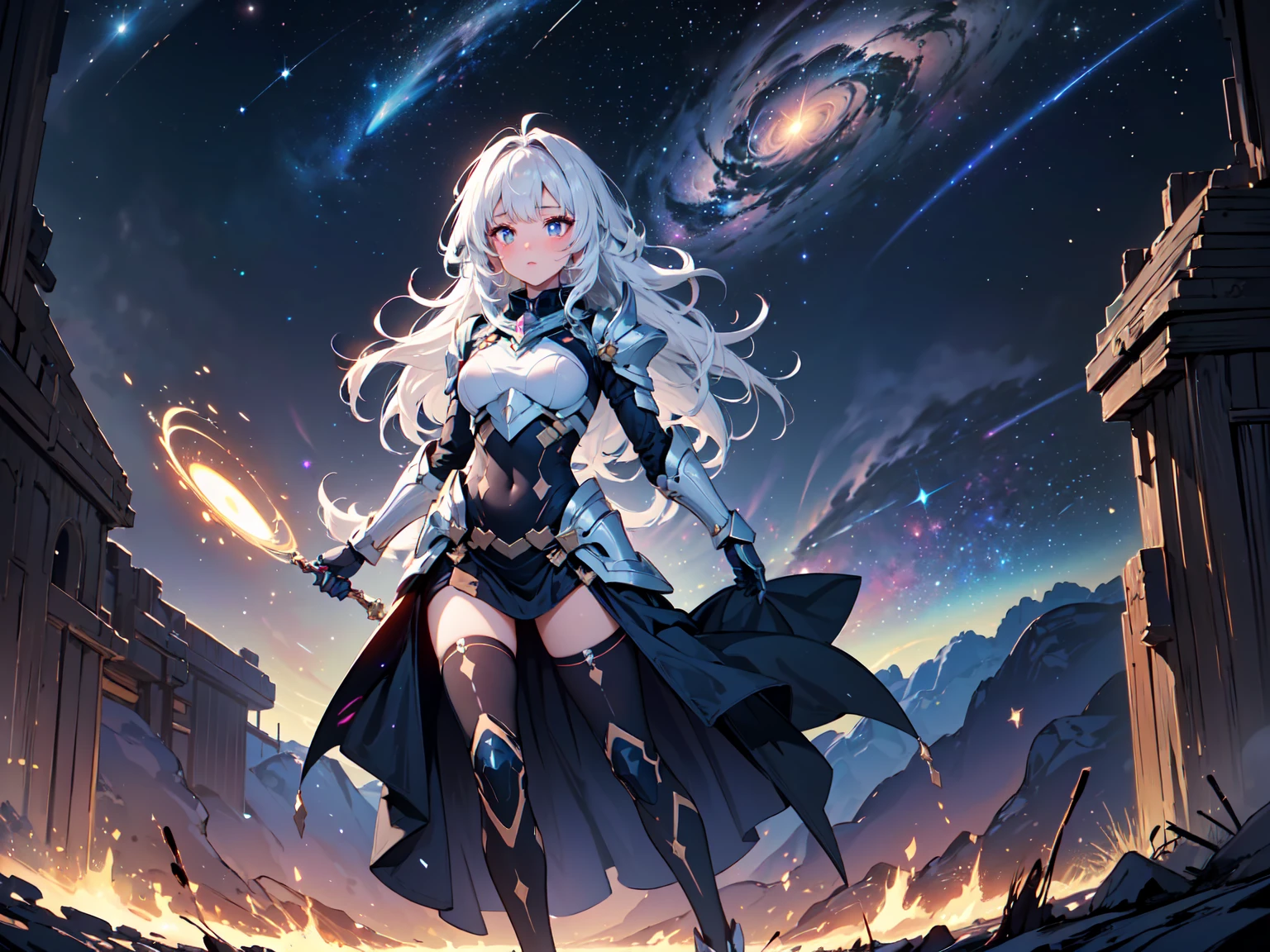 vast landscape photos , (The view from below,Above is the sky,There is an open field below), girl standing in the flower field looking up, (Full Moon:1.2), ( meteor:0.9), (nebula:1.3), Distant Mountains, Tree fracture making art, (Warm light source:1.2), (firefly:1.2), lamp, Lots of purple and orange, Intricate details, Volumetric Lighting, RealismBREAK (masterpiece:1.2), (best quality), 4K, Super detailed, (Dynamic Synthesis:1.4), Very detailed, Colorful Detailed,( Rainbow Colors:1.2), (Luminous lighting, Mood lighting), dream, magic, (Solitary:1.2)
