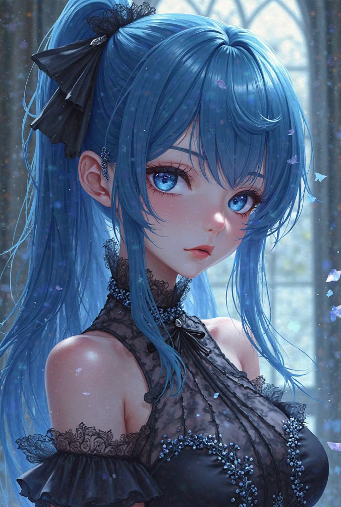 masterpiece, best quality, very aesthetic, absurdres, 1girl, mature_lady, ,1girl, furina \(genshin impact\), genshin impact, blue eyes, blue hair, long hair, multicolored hair, hat, ahoge, gloves, white hair, top hat, blue,