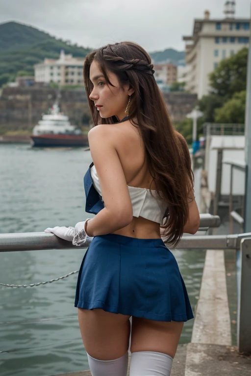 ((best quality)), ((masterpiece)), ((1girl)), solo, Ferry, ((long hair)), FerryBase, ((thighhighs)), bare shoulders, ((jewelry)), ((sleeveless)), white dress, blue skirt, ((gloves)), thigh-high, from behind.