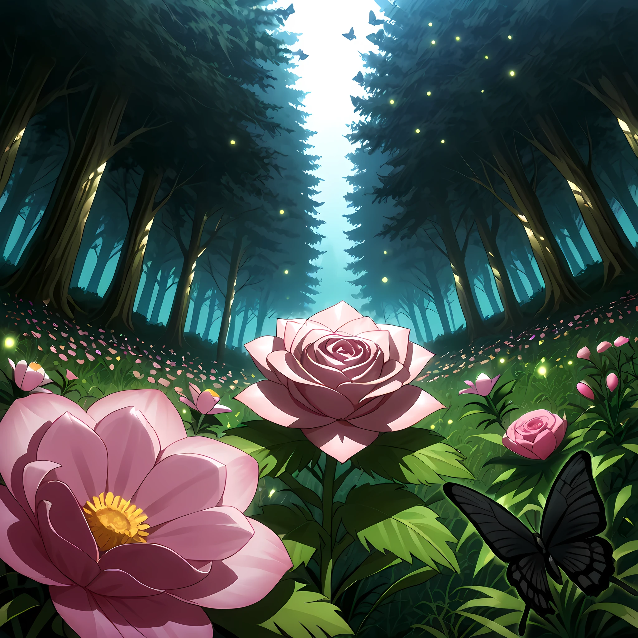 ((richly detailed scenery, better shading, better sharpness, better contrast, magical forest, pink roses as the focus of the image, zoom in on the pink roses, strelitzia flowers around the flower arrangement, center of the forest in full bloom, black butterflies flying around the flowers, fireflies near the trees, full HD, balanced lighting):1.2) | ((anime style Tales of Zestiria:1.2)), ((high angle, perfectly detailed scenery, better image quality, full HD, anime fantasy style)).