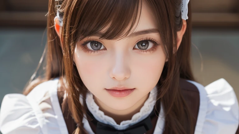 masterpiece、top-quality、in 8K、Raw photo、(Photorealsitic: 1.4)、ultra-detailliert、hight resolution、finely detail、独奏、(1womanl:1.4)、(real looking skin:1.2)、Beautuful Women、Perfect figure、extremely detailed eye and face、Ultra-detailed and beautiful eyes、a smile:1.4、maid costume、Maid Katyusha、From above