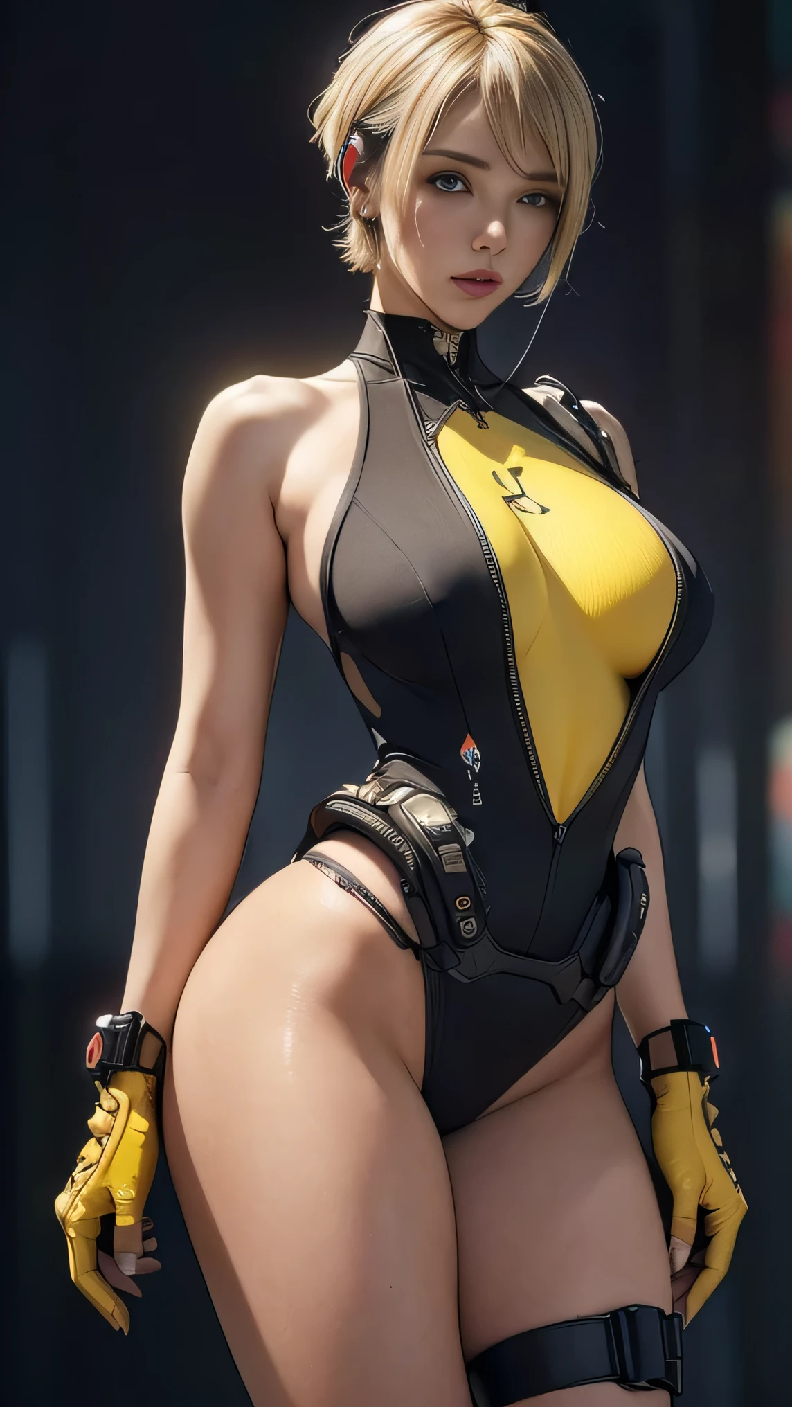 (A woman),(((A female member of the Future Force stands))),((Yellow tactical high leg bodysuit:1.5)),((earphone:1.5)),((Tactical Holster:1.5)),(Gloves:1.5),(Serious:1.5),(Super short hair:1.5),(beautiful eyes:1.3),(Very detailedな顔:1.5),((Very detailed drawing of a female hand:1.5)),(((muscular:1.5))),((Sexy appearance:1.5)),((Thick thighs:1.5)),(Beautiful Body:1.5),((Very sensual:1.5)),(The backdrop is a futuristic city:1.5),(Cyberpunk atmosphere:1.5),(((Blurred Background:1.5))),(Written border depth:1.5),rest(((masterpiece:1.5),(best quality:1.5),(Very detailed:1.5),(high resolution:1.5),(Practical:1.5),(Practical:1.5),(Delicate depiction),(Carefully drawn))),8k,wallpaper, (((camel toe1.5))),from below:1.2