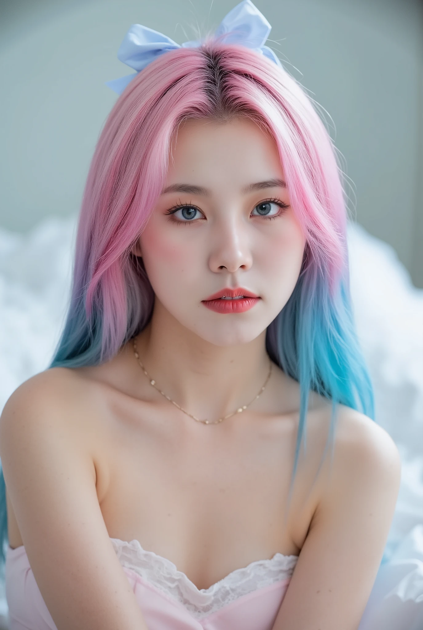 Realism,4K,Real girl, wh3ein, transparent leggings, [ [ blue bow , pink hair , Hair gradient blue, Purple hairpin , the color of her underwear , You can take a quick look , It's light pink .,Pure school, A pretty girl,thigh