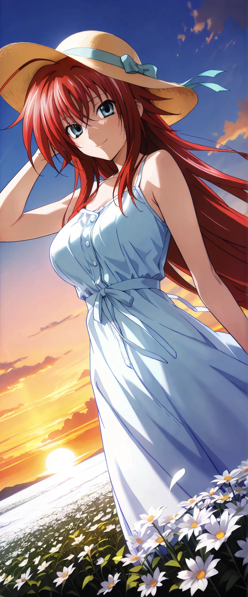 1 woman, rias gremory, dutch angle, red hair, gray eyes, summer hat, blue summer dress, cheerful smile, windy, flower field, sunset, chiaroscuro, masterpiece, high quality, highly detailed