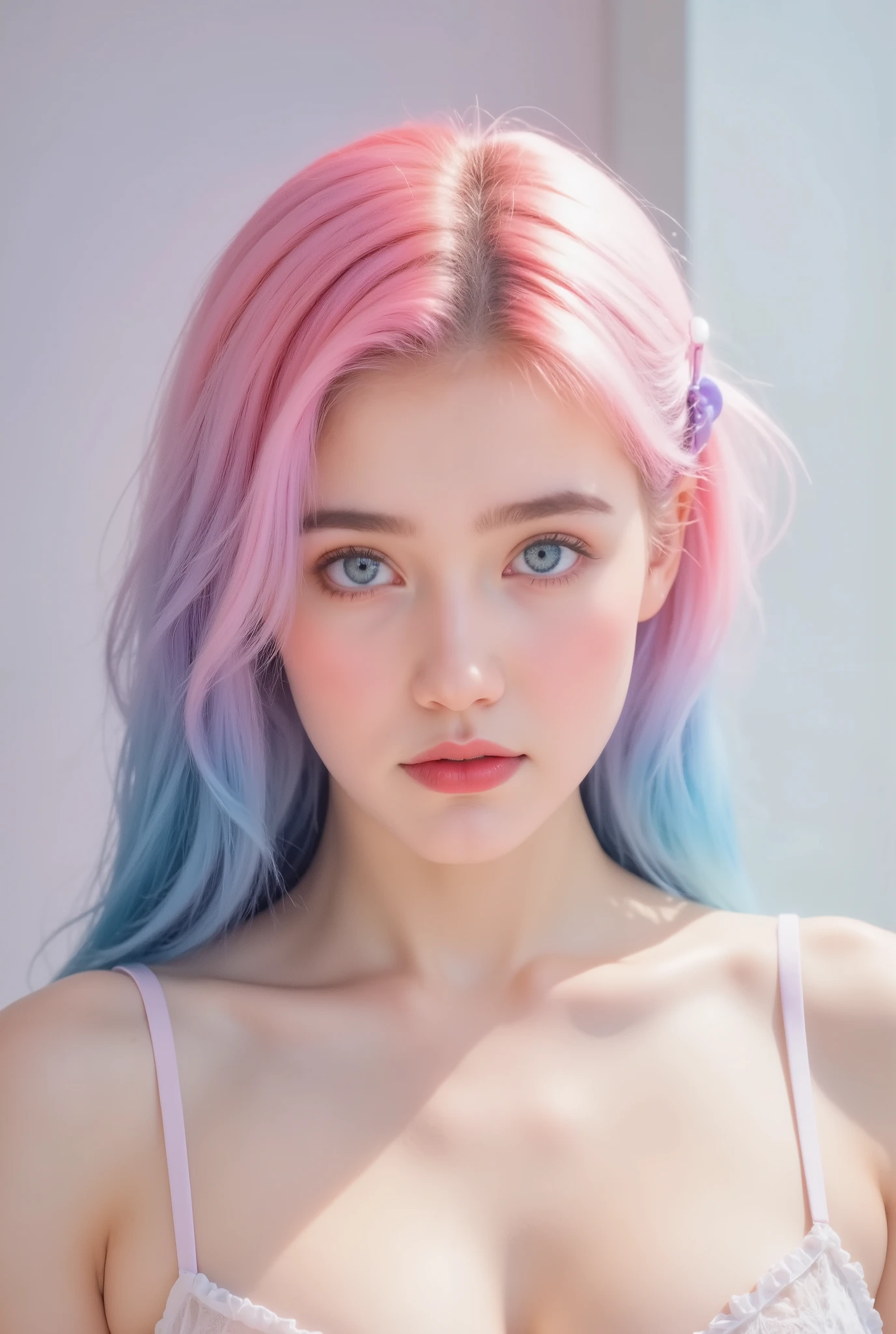 Realism,4K,Real girl, wh3ein, transparent leggings, [ [ blue bow , pink hair , Hair gradient blue, Purple hairpin , the color of her underwear , You can take a quick look , It's light pink .,Pure school, A pretty girl,thigh