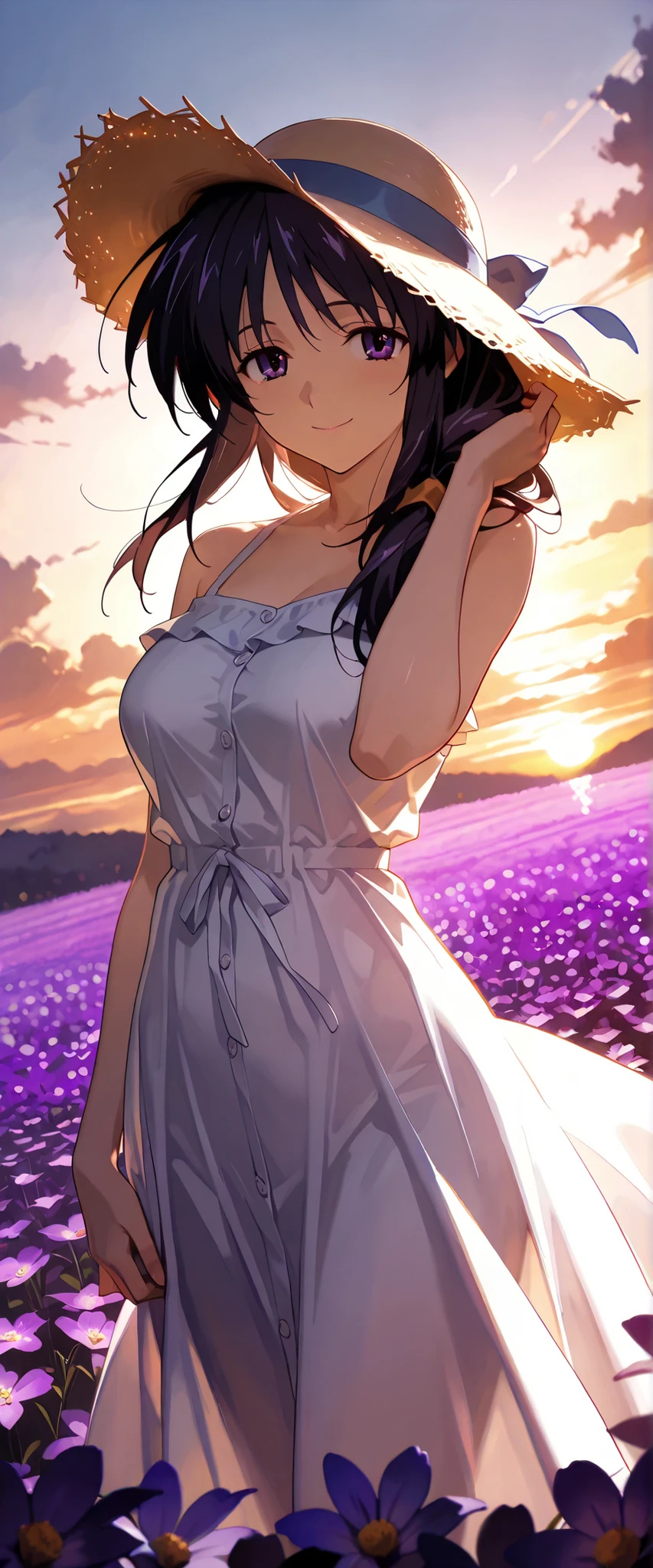 1 woman, akeno himejima, dutch angle, dark hair, violet eyes, summer hat, blue summer dress, cheerful smile, windy, flower field, sunset, chiaroscuro, masterpiece, high quality, highly detailed