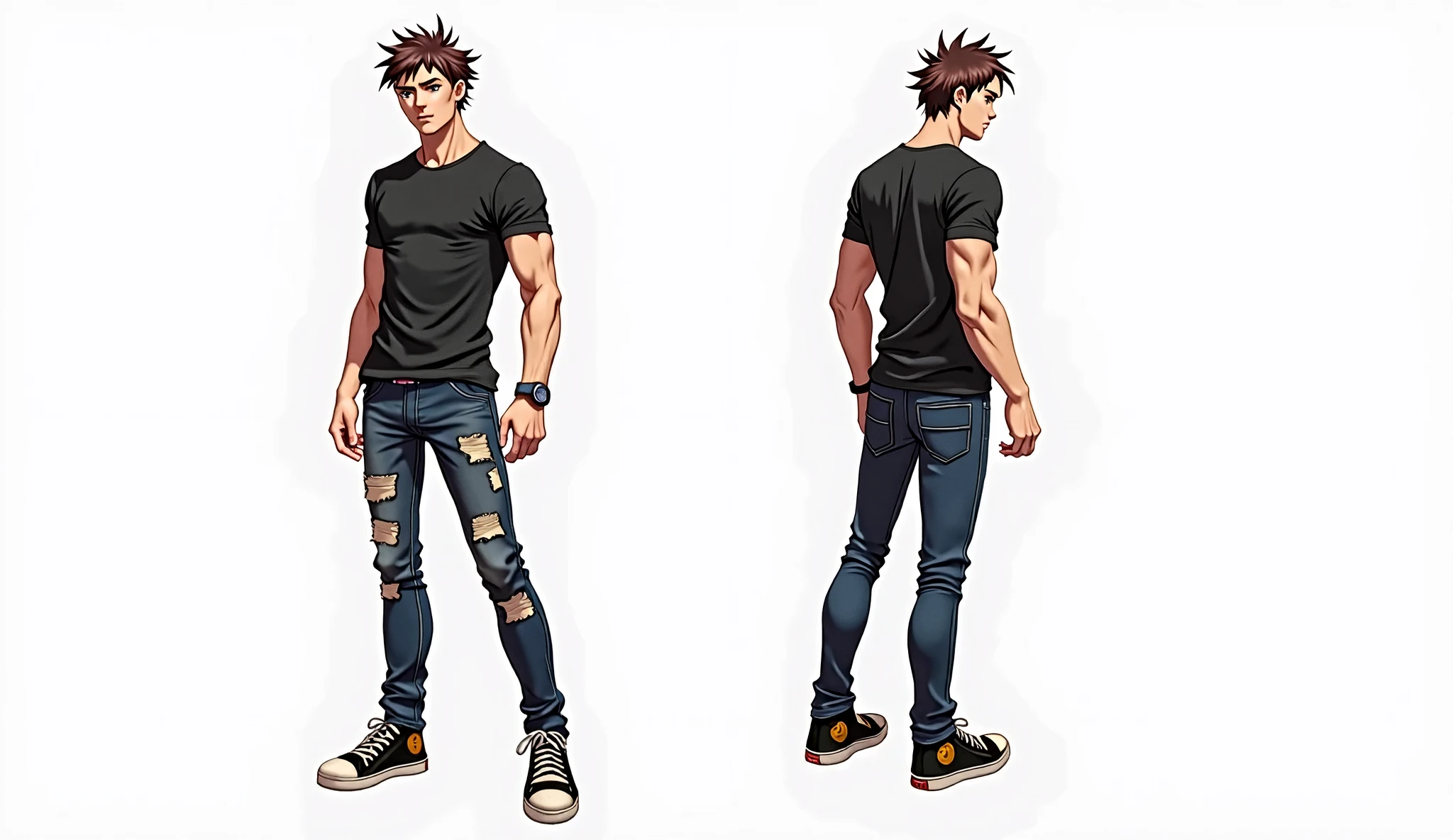 (masterpiece), (best quality), (high res), trunks, male, tall body, beautiful detailed eyes, beautiful detailed face, serious, perfect hands, complete fingers, perfect anatomy, perfect proportions, ((purple hair, short hair, mushroom hair style )), ((blue eyes)), (( blue Jean jacket, black top and pants outfit)), muscles, looking at viewer, (solo, solo focus), standing,, sword on the back, full body costume design. Simple background, Multiple Views, Character Sheet Full-Length.