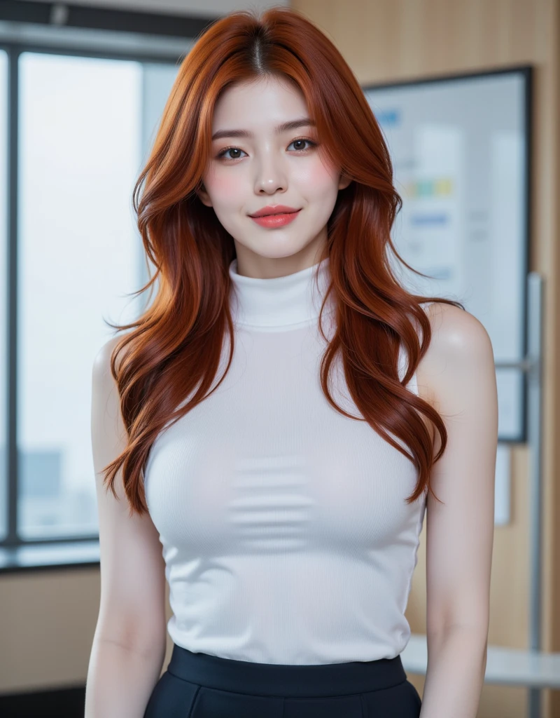 Korean woman with red hair smiling