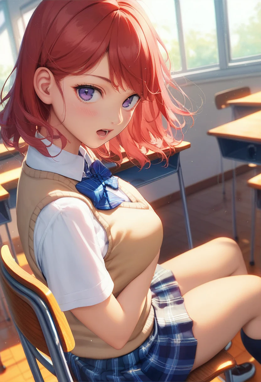 a beautiful 20 year old red haired woman with big messy hair, side ponytail, in a short plaid skirt, white stockings, transparent white dress shirt tied up in a knot, cleavage, navel, classroom setting, rossdraws cartoon vibrant, cute detailed digital art, colorfull digital fantasy art, digital fantasy art ), glossy digital painting, rossdraws pastel vibrant, rossdraws 2. 5, rossdraws 1. 0